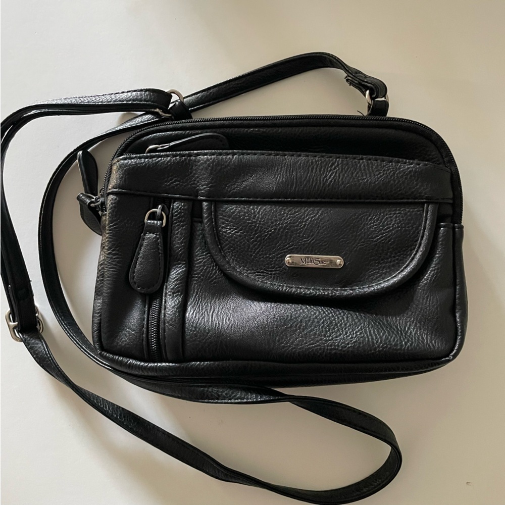 Multisac Zippy Triple Compartment Crossbody Bag Purse Faux Vegan Leather Black
